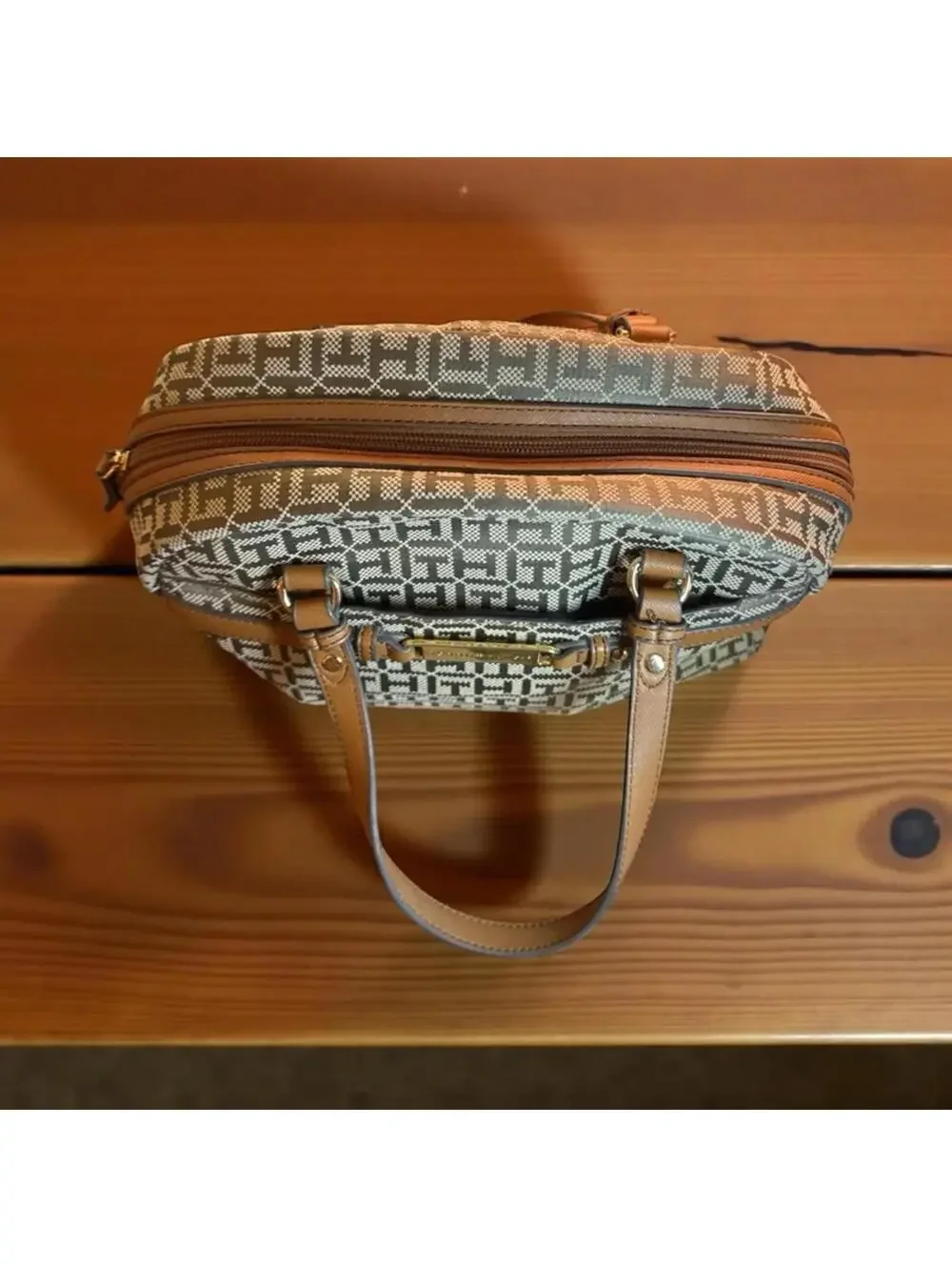 Tommy Hilfiger Satchel Bag Monogram Pattern brown Faux Leather Trim